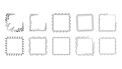 Set Black Simple Line Frame Collection Doodle Square Floral Frame Elements Vector Design Style Sketch Isolated Illustration For Banner