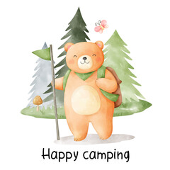 Draw vector illustration character design happy bear for camping concept Watercolor style