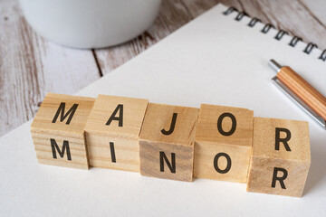 「MAJOR MINOR」と書かれたブロック、ノート、ペン、コーヒーカップ