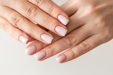 Fototapeta premium Female hands with beautiful nails with stylish trendy nude manicure.
