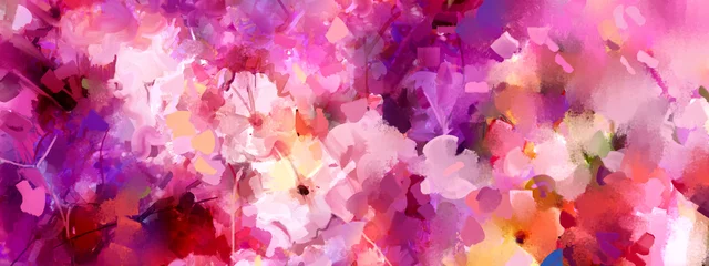 Schilderijen op glas Geschilderde Bloemen Oil painting colorful spring flowers on canvas. Illustration modern abstract art, blossom floral with color and texture. Decoration flower, artwork paint design for nature wallpaper or background  © Ittikorn Ch