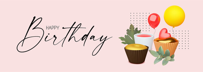 Happy Birthday cute 3D design template with cakes, cupcakes, balloons, hearts and leaves. Weddign, anniversary and nice cafe design.