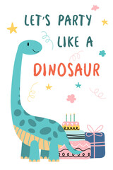 Dinosaur toy party invitation card template vector illustration. Lets party like dinosaur, poster decorated by funny animal, stars icon and confetti EPS