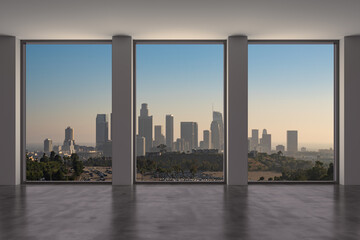 Fototapeta na wymiar Downtown Los Angeles City Skyline Buildings from High Rise Window. Beautiful Expensive Real Estate overlooking. Epmty room Interior Skyscrapers View Cityscape. Sunset. 3d rendering.
