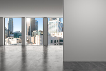 Downtown Los Angeles City Skyline Buildings from High Rise Window. Beautiful Expensive Real Estate overlooking. Empty room Interior. Mockup wall. Skyscrapers Cityscape. Day. California. 3d rendering.