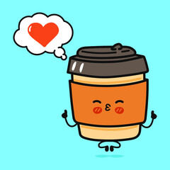 Cute funny coffee doing yoga with speech bubble. Vector hand drawn cartoon kawaii character illustration icon. Isolated on blue background. Coffee in love character concept