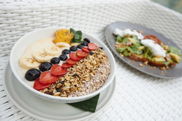 Breakfast smoothie bowl. Healthy breakfast concept, selective focus
