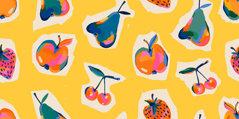 Hand drawn abstract artistic cute fruits pattern. Collage playful contemporary print. Fashionable template for design.