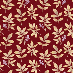 Fototapeta na wymiar Seamless abstract pattern of leaves and berries painted in watercolor. Botanical pattern on a bright abstract background.