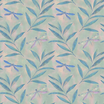 Watercolor butterflies, dragonflies, graceful twigs with leaves on an abstract background. Seamless botanical pattern for design.