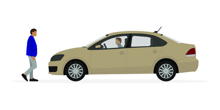 Beige passenger car with a driver and a male character in front of the car on a white background