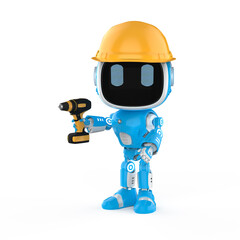 Naklejka premium cute and small artificial intelligence assistant robot with wear yellow helmet and tool