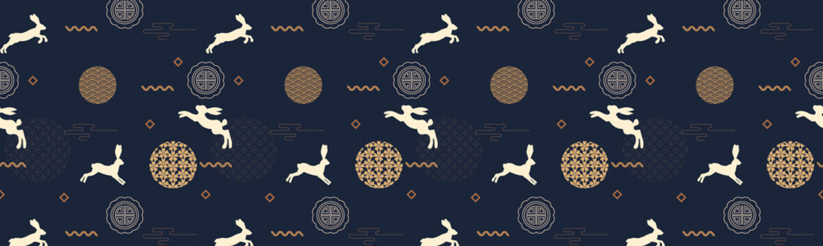 Mid Autumn Festival Square Banner With Traditional Patterns, Cute Bunnies And Asian Elements On Dark Blue Background. Seamless Pattern. Vector