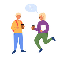 Young people with hot drinks talking during coffee break. Smiling man and woman chatting. Colored flat vector illustration isolated on white background. Vector flat illustration.