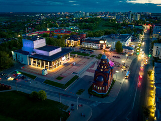 Night panoramic cityscape of Vladimir city. City streets in the evening illumination. View of the...