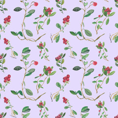 Watercolor seamless pattern with  red lingonberries on a purple background. Repeating, autumnal,textural hand painted print. Design for textiles, fabric, wrapping paper, printing.