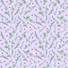 Watercolor seamless pattern with  red lingonberries on a purple background. Repeating, autumnal,textural hand painted print. Design for textiles, fabric, wrapping paper, printing.