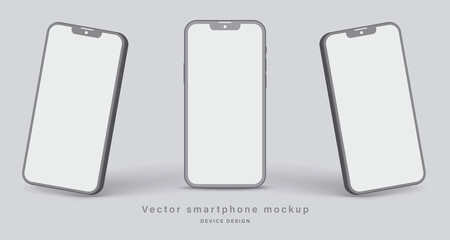 smartphone clay mockup with shadow for application design presentation isolated on grey background. minimalist mobile phone with blank screen in different angles view. vector 3d isometric illustration