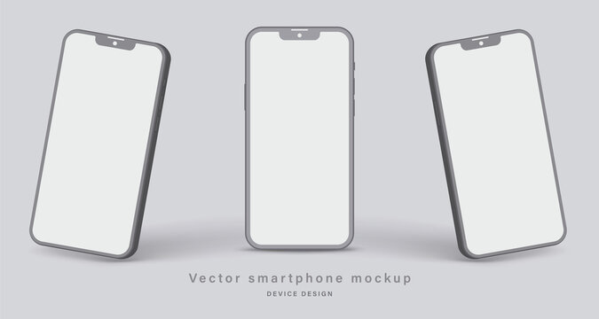 smartphone clay mockup with shadow for application design presentation isolated on grey background. minimalist mobile phone with blank screen in different angles view. vector 3d isometric illustration