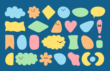 Set of colorful geometric shapes. Abstract badges, stickers, labels with cute emotions. Empty template for speech bubble, air messages, text note, paper sticker. Vector illustration
