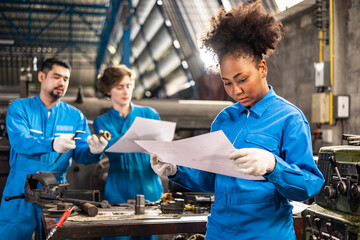 Senior asian engineer man and african american woman worker  in protective uniform operating machine at factory Industrial.Teamwork working in industry.