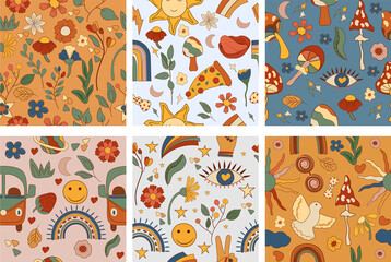 Retro Positive seamless patterns 70s, with colorful rainbows, leaves and flowers, dove, mushrooms, retro bus and other groovy elements. Psychedelic Patterns in vintage style. Vector illustration.
