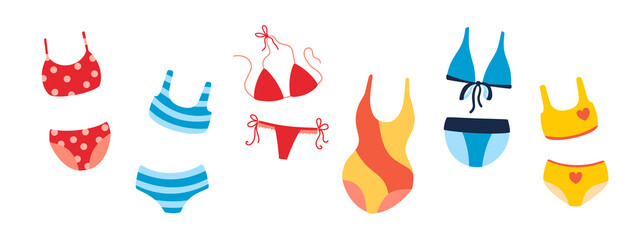 Set of Colorful Cute Women's One-Piece and Separate Swimsuits, Isolated on White Background. Flat Vector Cartoon Illustration, Clipart.