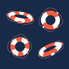Set of Striped Red and White Lifebuoys With Rope Around, Vector Icon. Flat Cartoon Illustration, Clipart.
