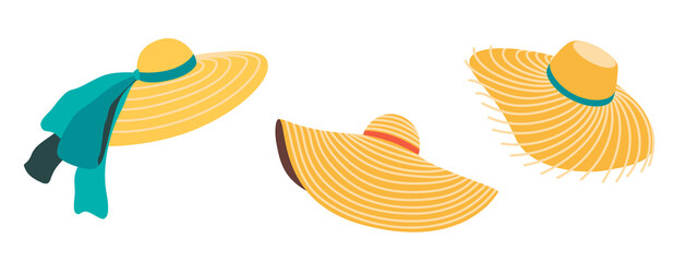 Set of Summer Straw Wide-brim Hats, Beach Attribute, With a Ribbon, Isolated on White Background. Flat Vector Cartoon Illustration, Clipart.