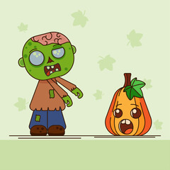 Fototapeta premium Cute angry zombie with a pumpkin on a light green background. For your Halloween design. Symbols of a happy Halloween holiday. Vector illustration