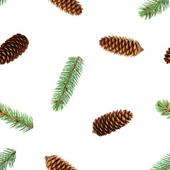 Fir and cone isolated on white background, SEAMLESS, PATTERN