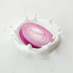 red Onion falls into milk, yoghurt, sour cream, Splash