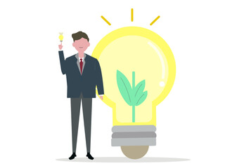 エコ 発電 電球 エネルギー ビジネスマンの男性 説明 ひらめき ベクターイラスト