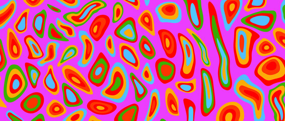 Hand drawn psychedelic groovy background with colorful trippy melting shapes in retro 60s hippie art style.