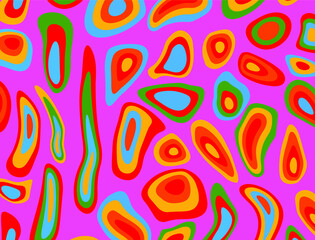 Hand drawn psychedelic groovy background with colorful trippy melting shapes in retro 60s hippie art style.