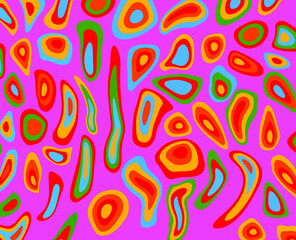 Hand drawn psychedelic groovy background with colorful trippy melting shapes in retro 60s hippie art style.
