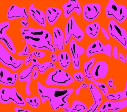 Trippy psychedelic background with melting happy faces. Dripping smiling distorted cartoon personages. © local_doctor
