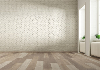 Brick wall front view, realistic. Natural lighting through the windows on the right side. Decorative elements two radiators under the windows. Parquet flooring in light color