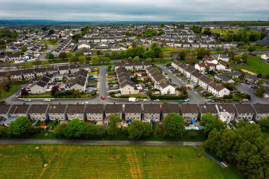 Galway, Ireland 05.03.2022: Aerial View On A Residential Area With Many Similar Houses By Park. House Estate With High Density Population.