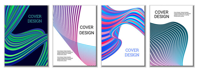 A set of 4 abstract covers. Wavy parallel gradient lines, ribbons evolve. Cover design, background. Trendy banner, poster.