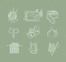 Bakery icon set with illustrated sewing machine, skein of threads, scissors, knitting needles, needle, thread, embroidery hoop in hand drawing style on green color background