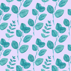 Watercolor seamless pattern with turquoise eucalyptus on a mauve background. Repetitive, wedding,textural hand painted print. Design for textiles, fabric, wrapping paper, printing.