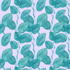 Watercolor seamless pattern with turquoise eucalyptus on a mauve background. Repetitive, wedding,textural hand painted print. Design for textiles, fabric, wrapping paper, printing.