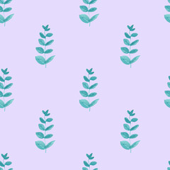 Fototapeta na wymiar Watercolor seamless pattern with turquoise eucalyptus on a mauve background. Repetitive, wedding,textural hand painted print. Design for textiles, fabric, wrapping paper, printing.