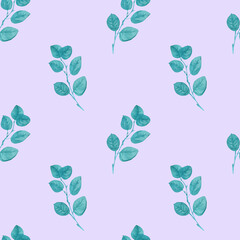 Watercolor seamless pattern with turquoise eucalyptus on a mauve background. Repetitive, wedding,textural hand painted print. Design for textiles, fabric, wrapping paper, printing.