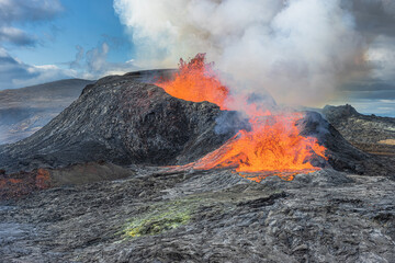 Lava foot from volcanic crater in Iceland. Landscape on Reykjanes peninsula in spring with...