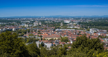 Fototapeta na wymiar Panoramic view of Durbach and Karlsruhe from Turmberg. Baden Wuerttemberg, Germany, Europe