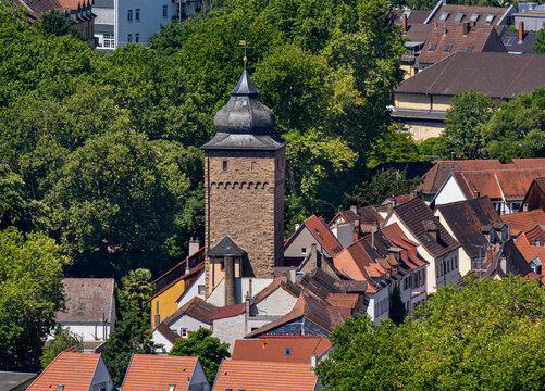 View of Durlach&lsquo;s Basler Tor tower with beautiful old houses from above. Karlsruhe, Baden-Wuerttemberg, Germany, Europe