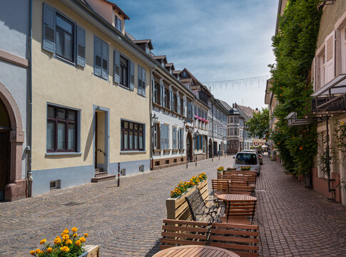 Old street in Durlach with beautiful old houses. Karlsruhe, Baden-Wuerttemberg, Germany, Europe