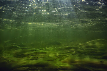 sun rays under water landscape, seascape fresh water river diving
